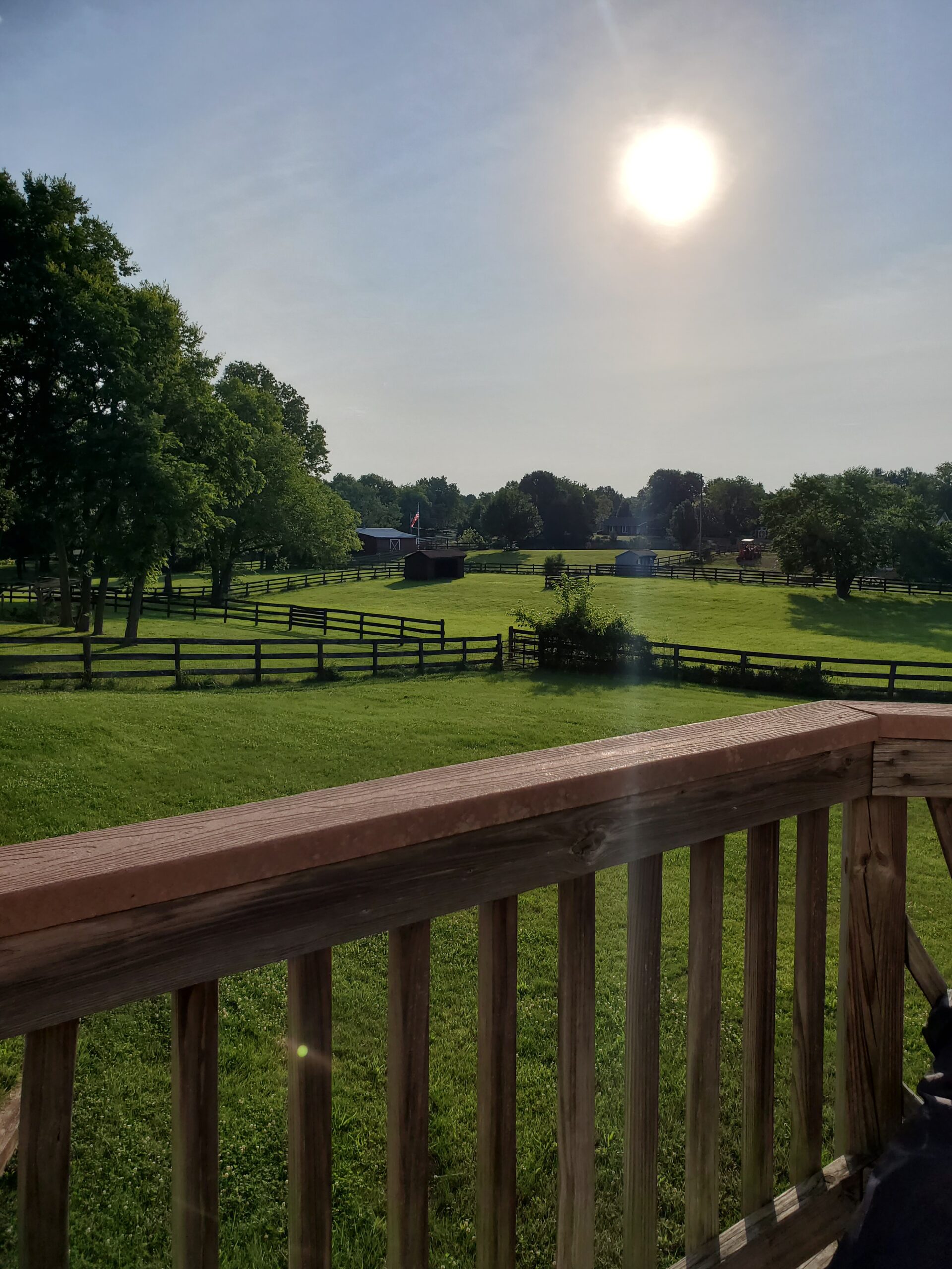 Stacey Whitehead - 4942 Scenic view from a wooden deck overlooking a lush green landscape with a bright sun, trees, and a rustic barn in the distance.